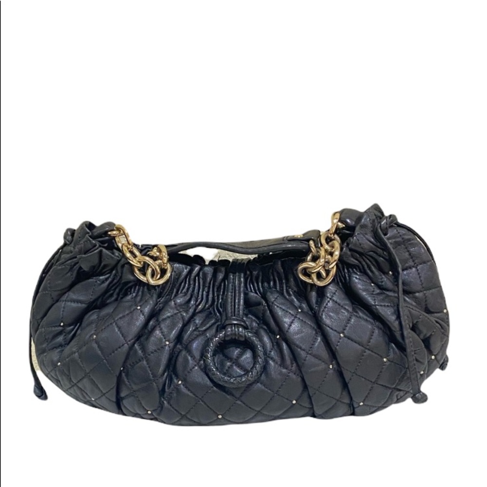 BCBG Maxazria Soft Black Gold Quilted Studded Leather Baguette Shoulder Bag